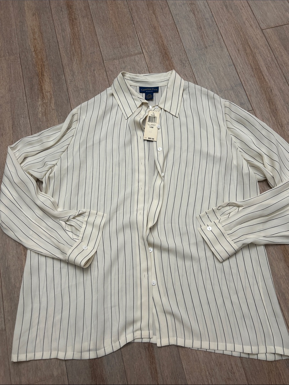 Charter Club Silk Cream Button-Down Shirt with black Pinstripes size 14 W - Picture 1 of 15
